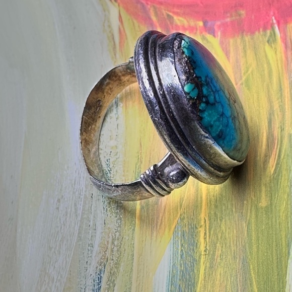 Turquoise Ring 12.6g Oval Cabochon Natural Spider Web Tibetan Green Sz 6.25 4077 - Picture 9 of 13